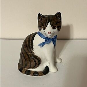Vintage Ceramic Tabby Cat Figurine with Blue Scarf by N.S. Gustin Hand painted
